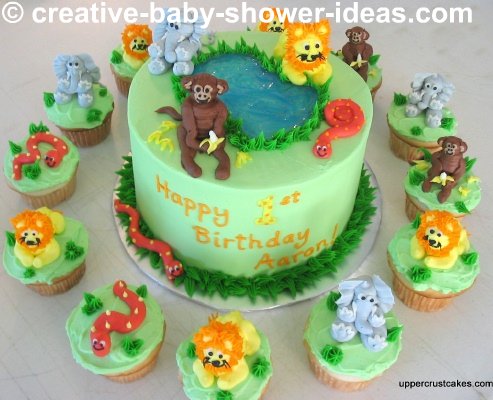 Cupcake Birthday Party Supplies on Green Jungle Baby Shower Cake And Cupcakes With Fondant Jungle Animals