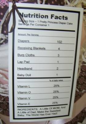 nutrition facts tag on mod doll diaper cake