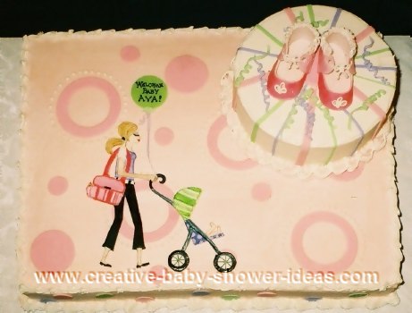 mod mom baby shower cake with mom pushing stroller design