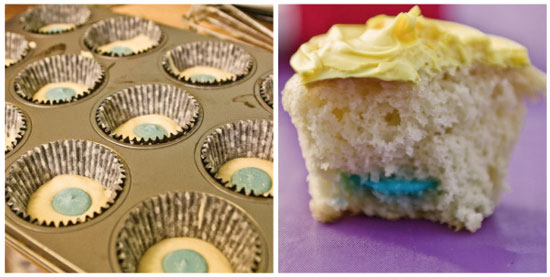 mustache reveal cupcakes with blue candy melts inside