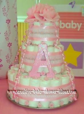 Pretty Roses Diaper Cake pink glitter monogram girl diaper cake