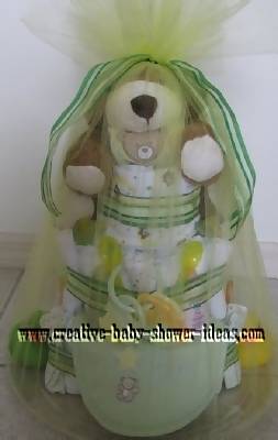 finished teddy bear diaper cake wrapped in tulle