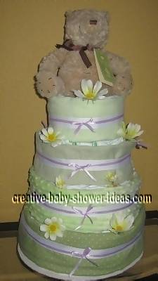 summer green and yellow blankets teddy bear diaper cake