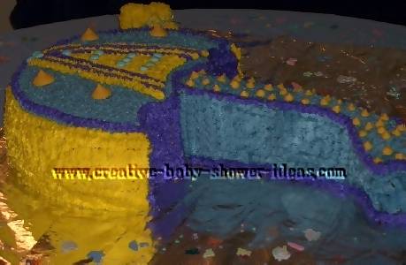 side of the blue and purple umbrella baby shower cake