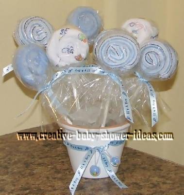 blue and white washcloth lollipop bouquet