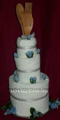 blue and white bridal shower towel cake