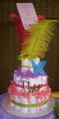 colorful feathers and butterflies diaper cake