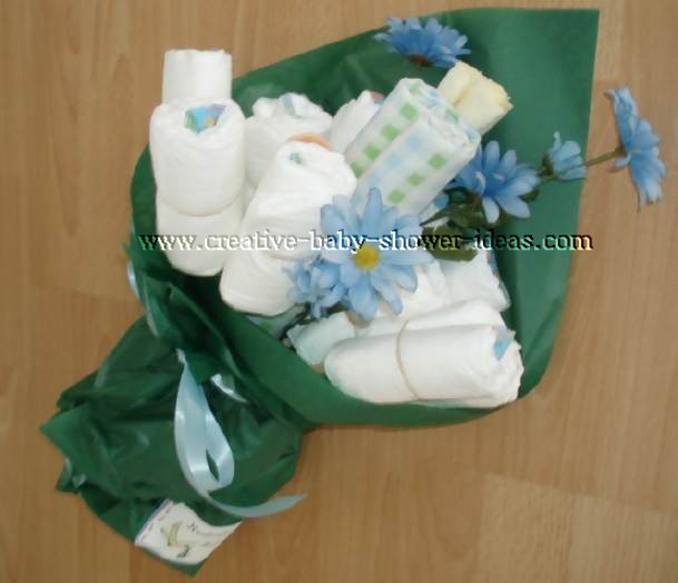 diaper baby bouquet with blue flowers