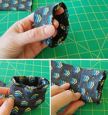 Fold knee high socks and line up cut edges