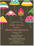 brown baby shower invitation with colorful umbrellas