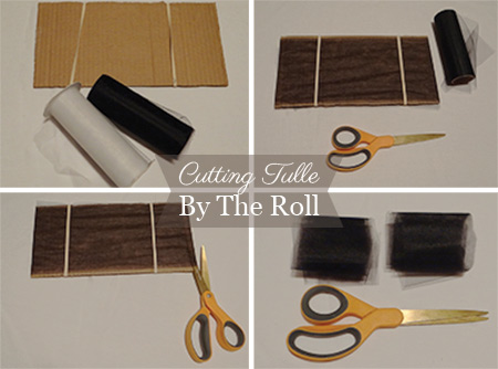 step by step photos showing how to cut tulle off of a roll
