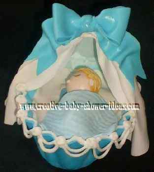 blue and white baby bassinet cake topper