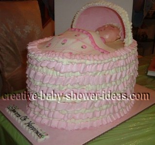 side of baby bassinet cake showing ruffles
