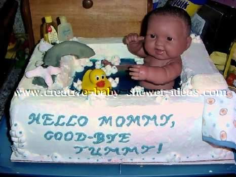 baby doll in a baby shower bathtub cake