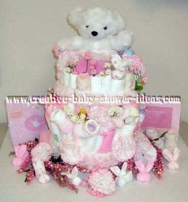 pink and brown bear diaper cake