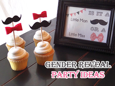 gender reveal cupcakes with bows and mustache signs