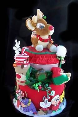 side of christmas diaper cake showing animated cartoon characters