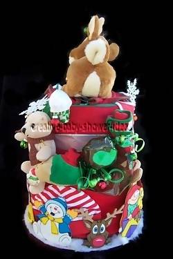back of christmas diaper cake showing christmas items