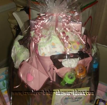 diaper bag baby shower gift wrapped in celophane