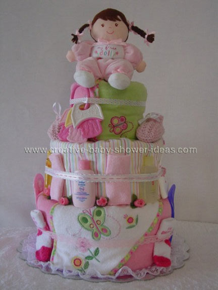 pink and green doll diaper cake