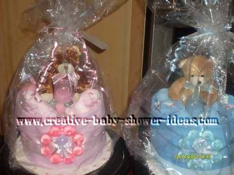 blue and pink twin diaper cakes
