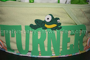 closeup of baby boy letters on diaper cake