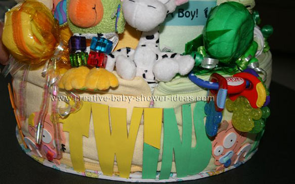 closeup of bottom of twins diaper cake