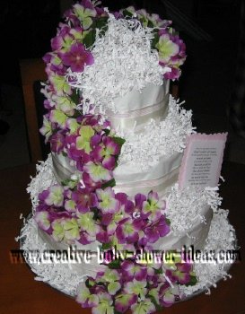 elegant purple and white flowers diaper cake