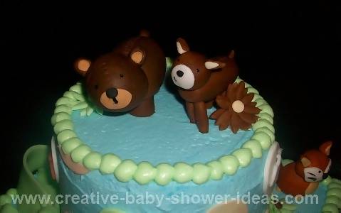 Closeup of top of forest friends cake showing bear and deer
