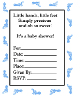 white baby shower invitation with blue baby footprints along the edge