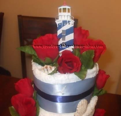 closeup of lighthouse on towel cake