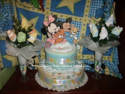 mickey mouse diaper cake and sock roses