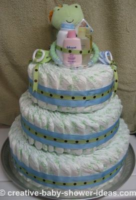 blue and green polka dotfrog diaper cake