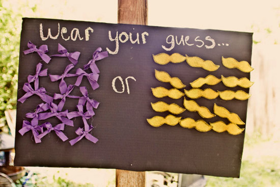 purple bows and yellow mustaches for guests to wear