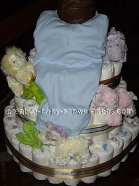 closeup of clothing waterfall on diaper cake