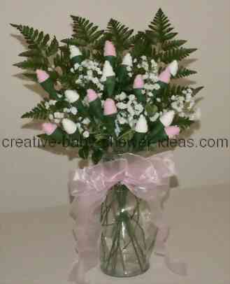 bouquet of pink and white baby sock roses 