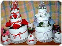 red and lavender towel cakes