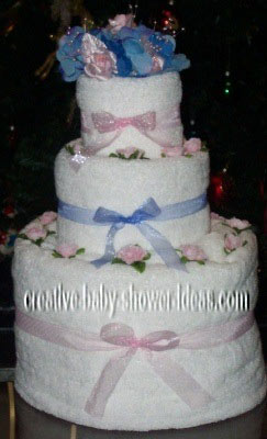 pink and blue towel cake