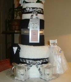 black and white wedding towel cake
