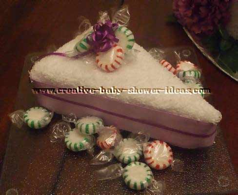 closeup of towel slice cake with candies