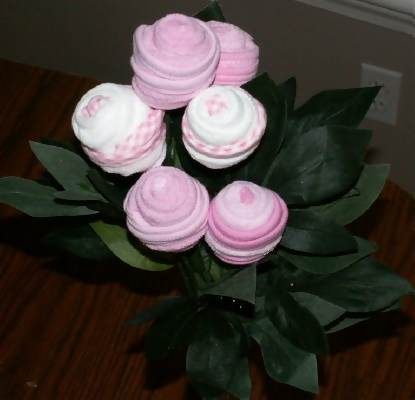pink and white washcloth baby rose bouquet