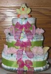 green and purple duck diaper cake