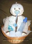 cute diaper baby in a basket with brown doggie outfit 