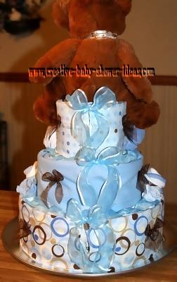 Teddy Bear Diaper Cake back or blue and brown dots diaper cake