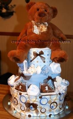 Teddy Bear Diaper Cake mod blue and brown dots diaper cake