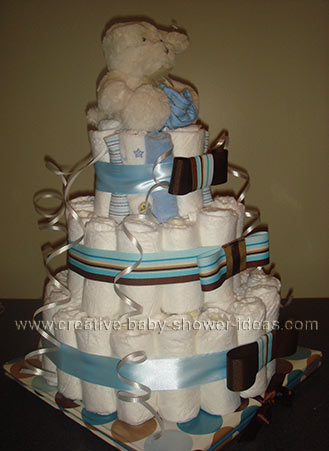 bear diaper cake side of bear diaper cake with washcloth roses and bows