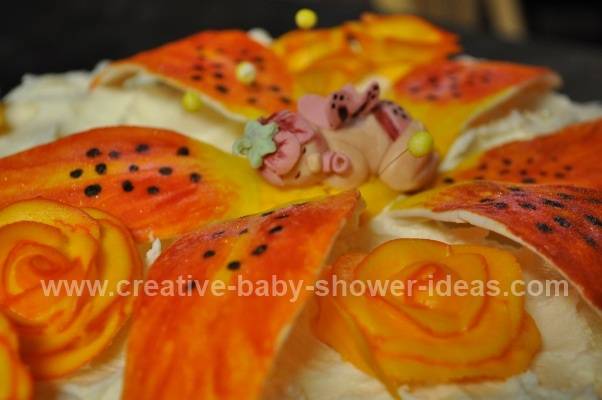closeup of baby cake showing sleeping baby on flowers