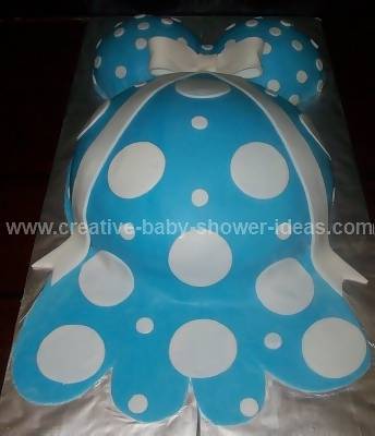 closeup of blue and white polka dots on pregnant belly cake