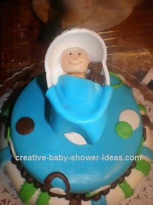 top of baby shower carriage cake with smiling baby