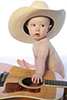 a naked baby with a cowboy hat and guitar facing away from camera